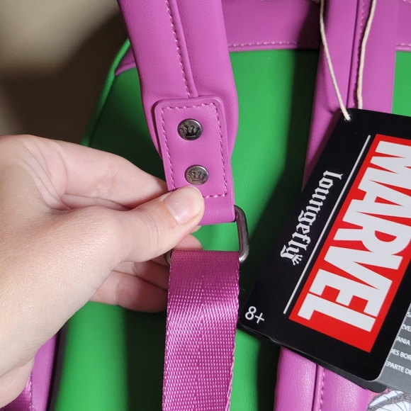 Loungefly Green Goblin faux leather daypack backpack gun metal grey hardware - Picture 8 of 16